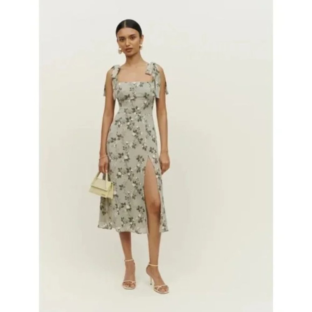 NWOT Reformation Twilight Dress in Verde Green White Floral Midi Tie Straps - Picture 3 of 14